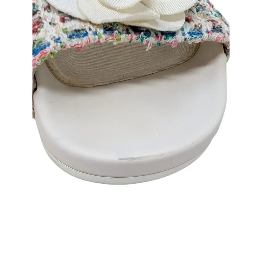 Chanel Camellia Tweed CC Logo Slide Rainbow White Rubber Pool Sandal 38 | 7.5